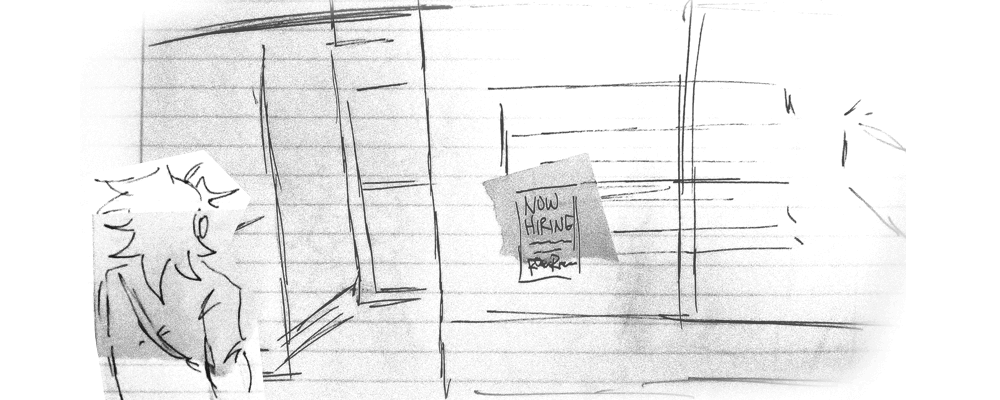 The front of the Rockin' Records store. Peyton stands in front of it, staring inside. Xe's wearing a jacket, headphones, and carries a messanger bag.