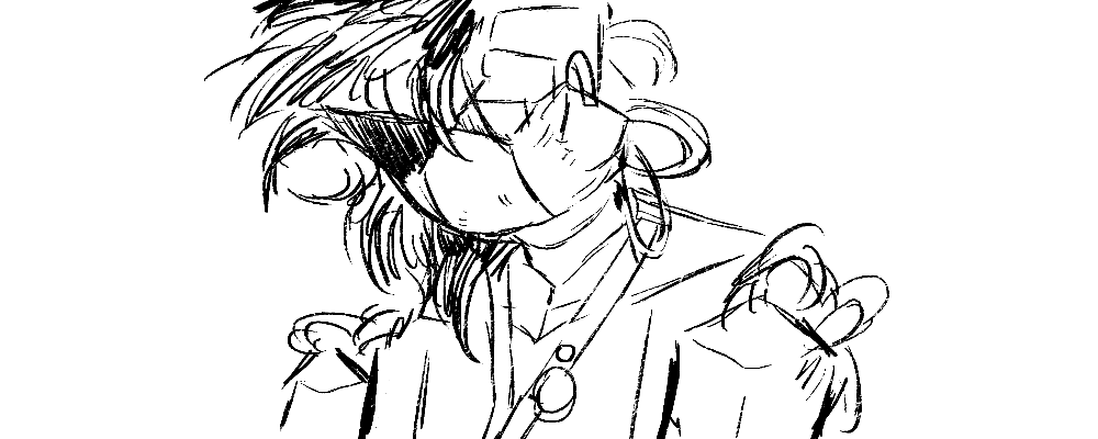 A close shot on Party Death Machine's face. Half of its head is missing. It has triangle-shaped shades, one side missing from damage. Its hair looks half-shaven and is dark. Its mouth is welded shut.