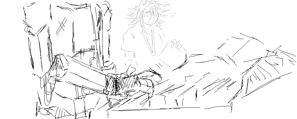 A lower shot of Party Death Machine going through records. Its body is noticably raggedy with a lot of loose wires. On its hand is a hand brace. Peyton onlooks in the background with a furrowed brow, holding a record.