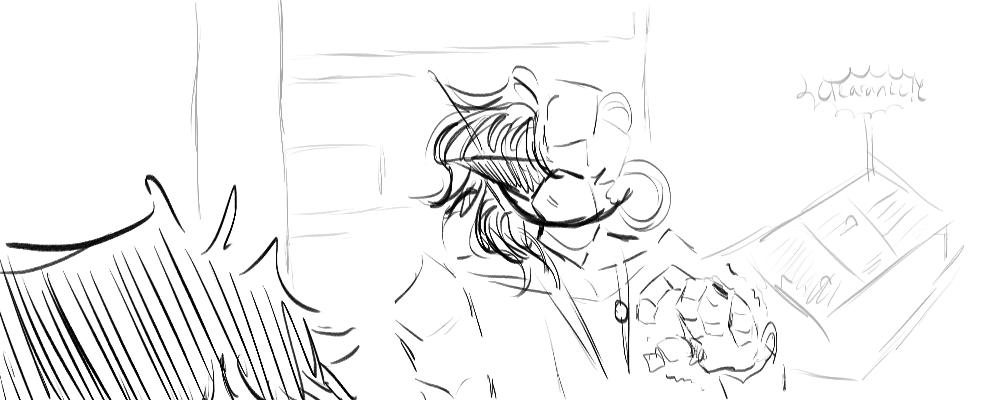 Party Death Machine reaches over to Peyton with a shaky hand.