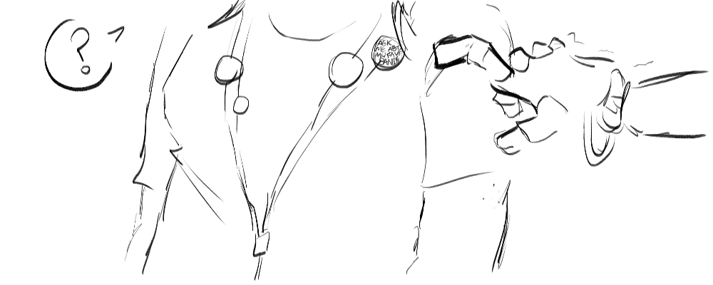 Party Death Machine taps a pin on Peyton's lanyard that says 'Ask Me Abt My Fave Bands'