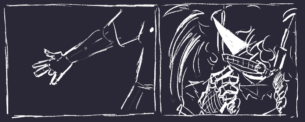 Two panels. The first panel is Peyton's arm out to the side, displaying xyr missing finger. The second is Great Annihilator hesitation. GA is missing half of GA's face, wears a belt over GA's mouth, and wears fishnets and a ripped up tank top. GA has cyberlox in pigtails, as well as white rat tails.