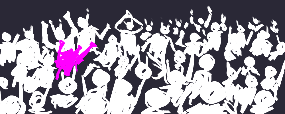 Peyton, in magenta, dances against a sea of undiscernable faces, in white.