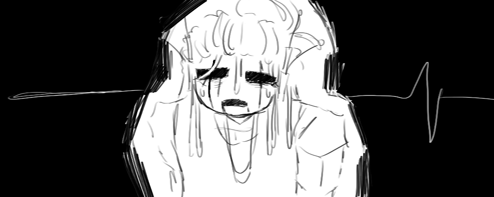 Pulsewidth makes a horrified expression. The background is shadowy. The imagery implies that Pulsewidth's (metaphorical) heart 'skips a beat'.