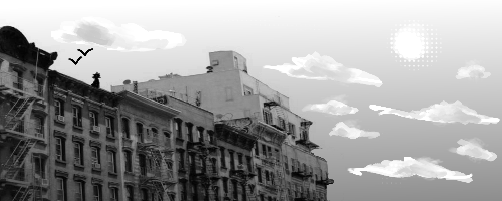 A shot of some buildings, the lowering sun, clouds, and birds. A figure stands atop the buildings.