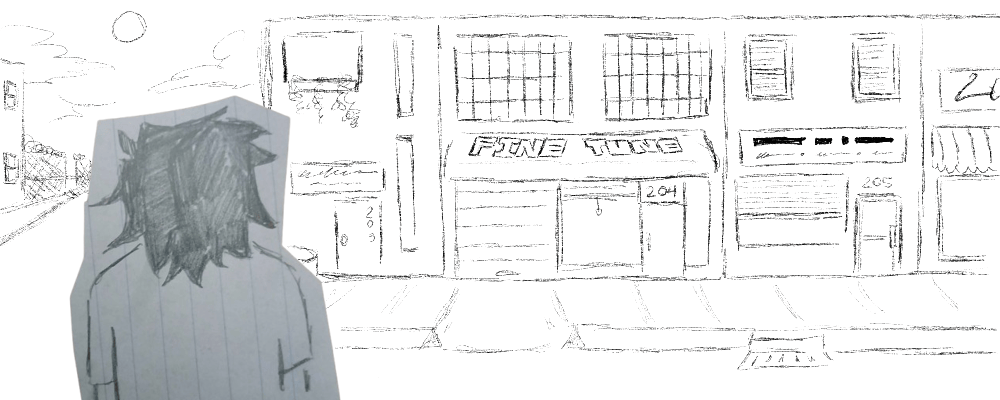 A gif of Peyton standing, facing away from the viewer, looking at the entrance of Fine Tune.