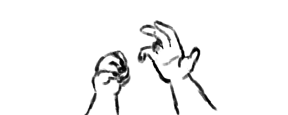 Peyton's hands, left closed, right open. Their ring finger on xyr right hand is noticably missing.