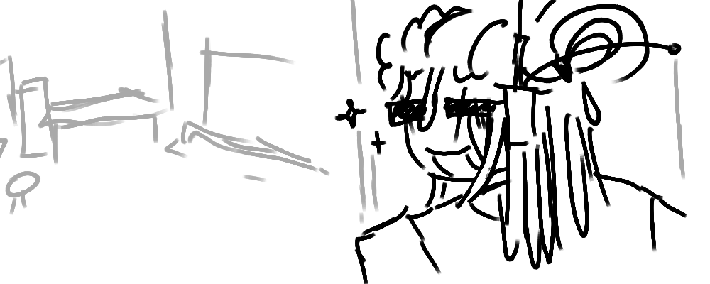 Pulsewidth looks over his shoulder, lightly smiling. The rest of Fine Tune is roughly sketched in the background.