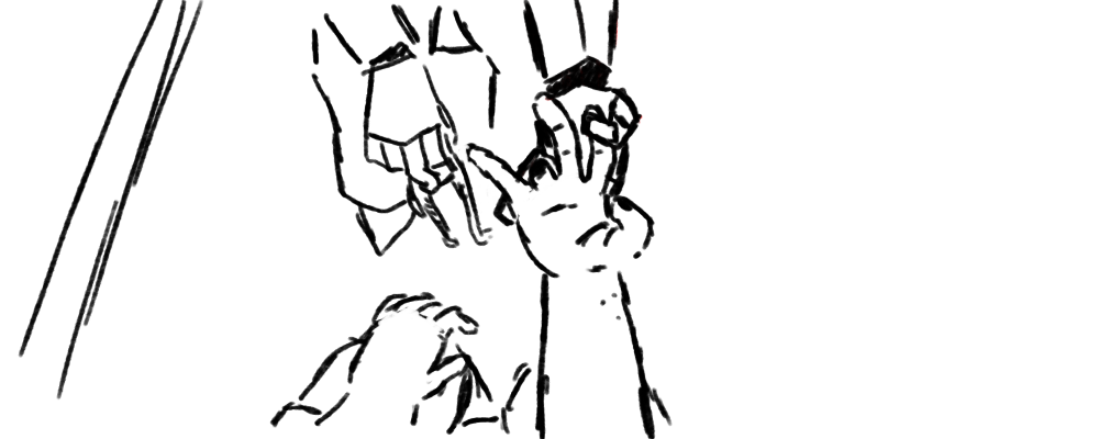 A downward shot. Pulsewidth lightly holds Peyton's right hand, with a measuring tape in the other hand. Peyton's free hand is resting on xyr knee.