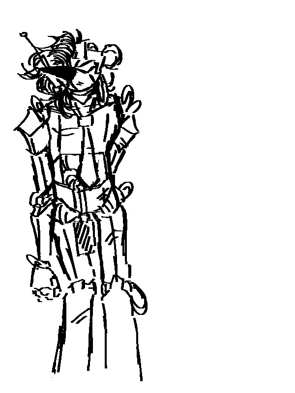 A black-and-white drawing of Party Death Machine. It is a grovelly robot with exposed wires at every joint, with its mouth welded shut. It is missing half its face, with circuitboards loose. It has dark hair, and triangle shades. It wears a tie. It stands in an awkward position.