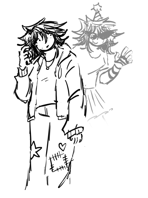 A black-and-white drawing of Peyton, the protagonist. They have dark, spiky, medium length hair. They have a bit of acne on their face. They're wearing a t-shirt, a zip-up jacket, and jeans with some sewn-on patches on it. They look off into the distance absentmindedly. Behind them is them dressed in a different outfit: party hat, triangle shades, t-shirt, skirt, fingerless gloves. They wear makeup that mimics the technical details of an AISR robot. They wave at the viewer with a smile.